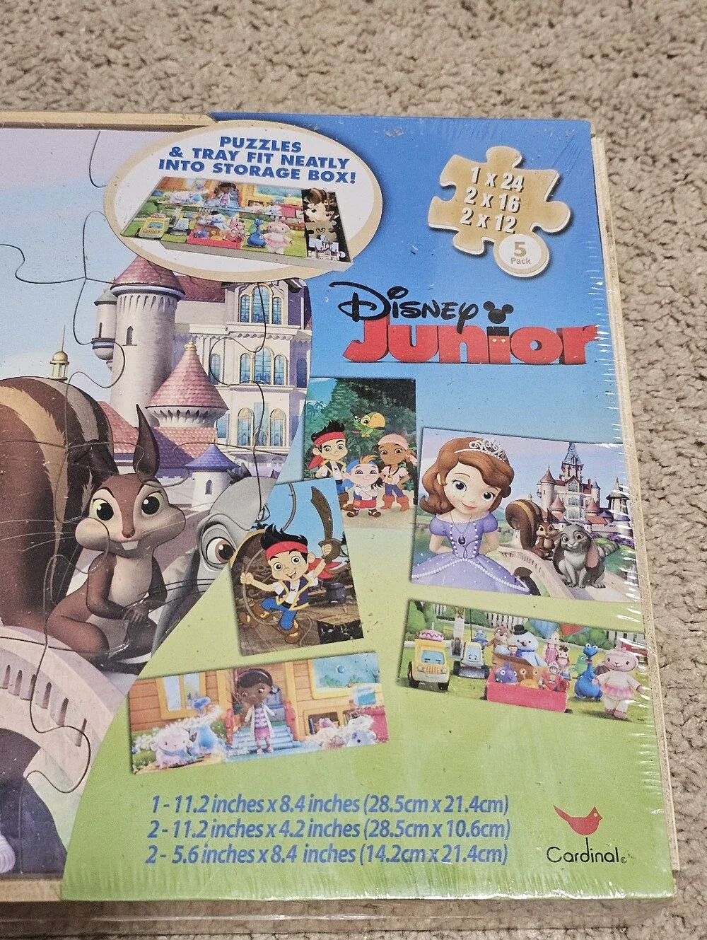 New! Disney Junior 5-Pack Wood Puzzles In Wooden Storage Box Kids Cartoon Theme